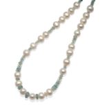 A Cultured Pearl and Aquamarine Bead Necklace, graduated round cultured pearls spaced by groups of