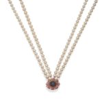 A Four Row Cultured Pearl Necklace, the uniform pearls knotted to a sapphire, ruby and diamond set