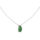 A Carved Jade Pendant, depicting fruiting vines and a bird, on a long and short link chain,