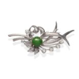 A Diamond and Jade Spray Brooch, a round cabochon jade in a white four claw setting to textured