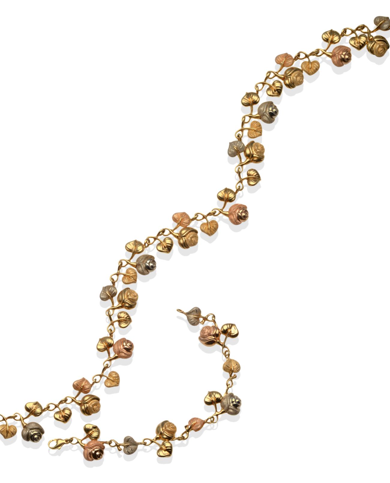 A Three Colour Rose Motif Necklace and Bracelet Set, formed of alternating rose and leaf pattern