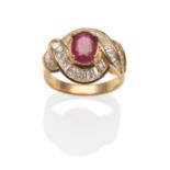 A Ruby and Diamond Ring, an oval cut ruby in a yellow claw setting within a scrolling border of