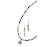 A Cultured Pearl and Sapphire Bead Necklace and Earring Suite, round cultured pearls spaced by