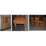 A Reproduction Beech Dining Room Suite, of modern date, comprising extending dining table raised