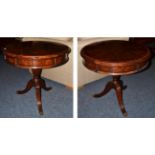 A Pair of Reproduction Mahogany and Crossbanded Oak Lined Circular Lamp Tables, the plain friezes