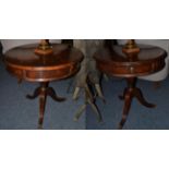 A Pair of Reproduction Walnut Drum Style Circular Lamp Tables, the crossbanded tops above a single