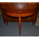 A Reproduction Walnut and Parquetry Decorated Foldover D Shape Tea Table, of recent date, raised