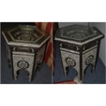 A Pair of Moroccan Style Hexagonal Shaped Occasional Tables, decorated with white metal, ebonised