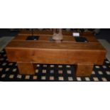 A Solid Oak Beam Coffee Table, of recent date, in five pieces, comprising three blocks raised on two