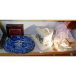 Two blue & white platters, a stilton dish and a doll etc