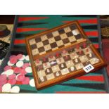 Travelling chess set in mahogany box, and a backgammon game