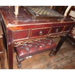 19th c. Chinese red-lacquered elm desk with two drawers over openwork apron standing on square legs