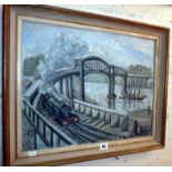 Oil on canvas of a steam locomotive crossing a bridge, signed Alec Williams