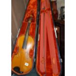 Violin (14") with label reading "carlo bergonzi", single bow in French black wooden case