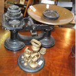 Iron kitchen scales with weights including brass bell weights