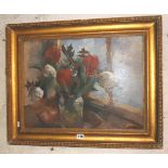 Decorative impressionist oil on board still-life of tulips