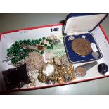 Assorted costume jewellery etc, including coins