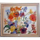 Vibrant painting of a bouquet of flowers, possibly by Tony Curtis, 29" x 34" including frame,