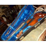 Violin & two bows in velvet-lined wood case with compartments. The violin (14") having label of