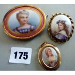 Three gilt-mounted painted porcelain portrait miniature brooches, and a similar pendant