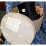 Vintage Top Hat in cardboard box with label of A. Reynolds of East Street, Bridport