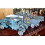 Three WW2 scratch-built wooden models of lorries/trucks, one marked "RAF", the others "GLEICH",