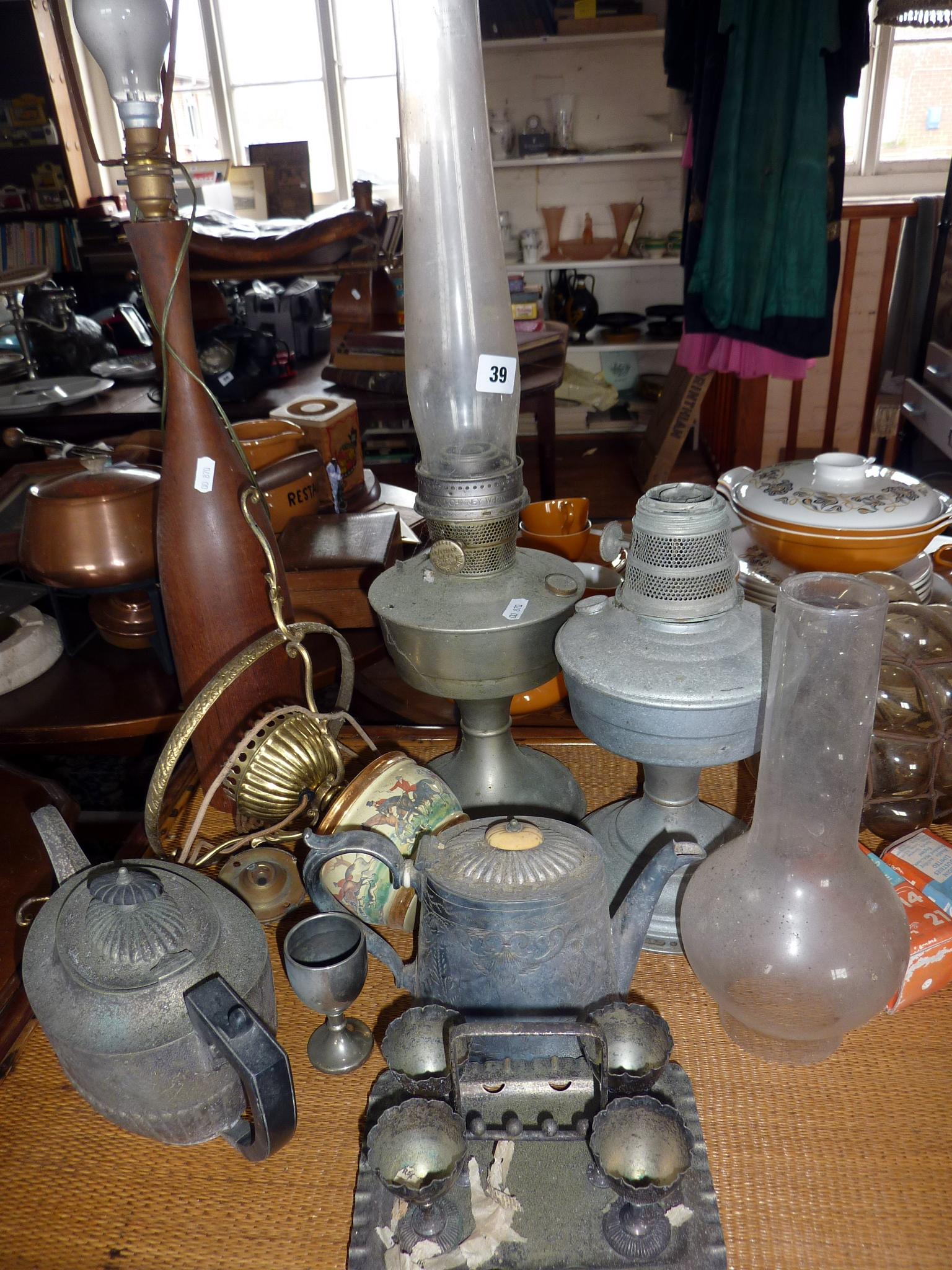 Two oil lamps, 1960's turned teak table lamp, and other items