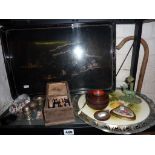 Japanese lacquered tray and other items, including boxed set of miniature Bristol blue glass