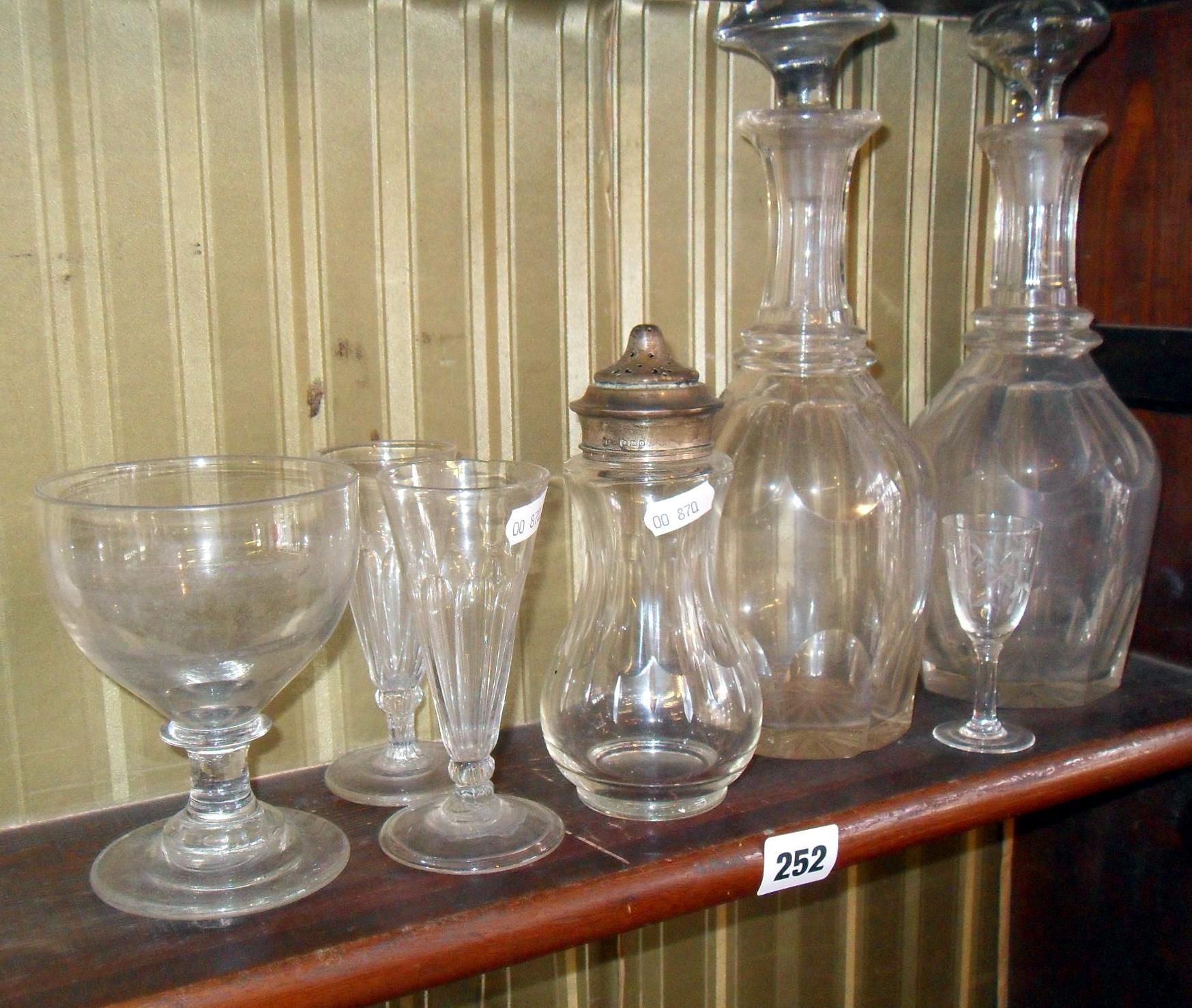 Antique glassware:- cut-glass decanters, sugar shaker, Georgian rummer, ale glasses etc