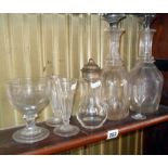 Antique glassware:- cut-glass decanters, sugar shaker, Georgian rummer, ale glasses etc