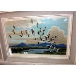 Peter Scott signed coloured print of Canada geese in flight