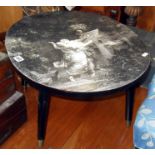 1960's Fornasetti-style oval coffee table with screw-in legs, the top having black & white classical