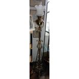 Ornate brass oil standard lamp with glass shade & chimney
