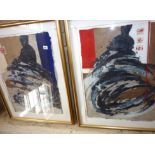 Pair of Contemporary Abstract montages printed on hand-made paper, 26" x 34"