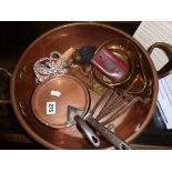 Copper maslin pan, brassware, military buttons etc