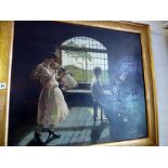 British School, oil on canvas of two women musicians in 1930's dress in sunlit room at the piano and