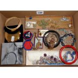 Tray of costume jewellery necklaces & bracelets, and a Stratton powder compact