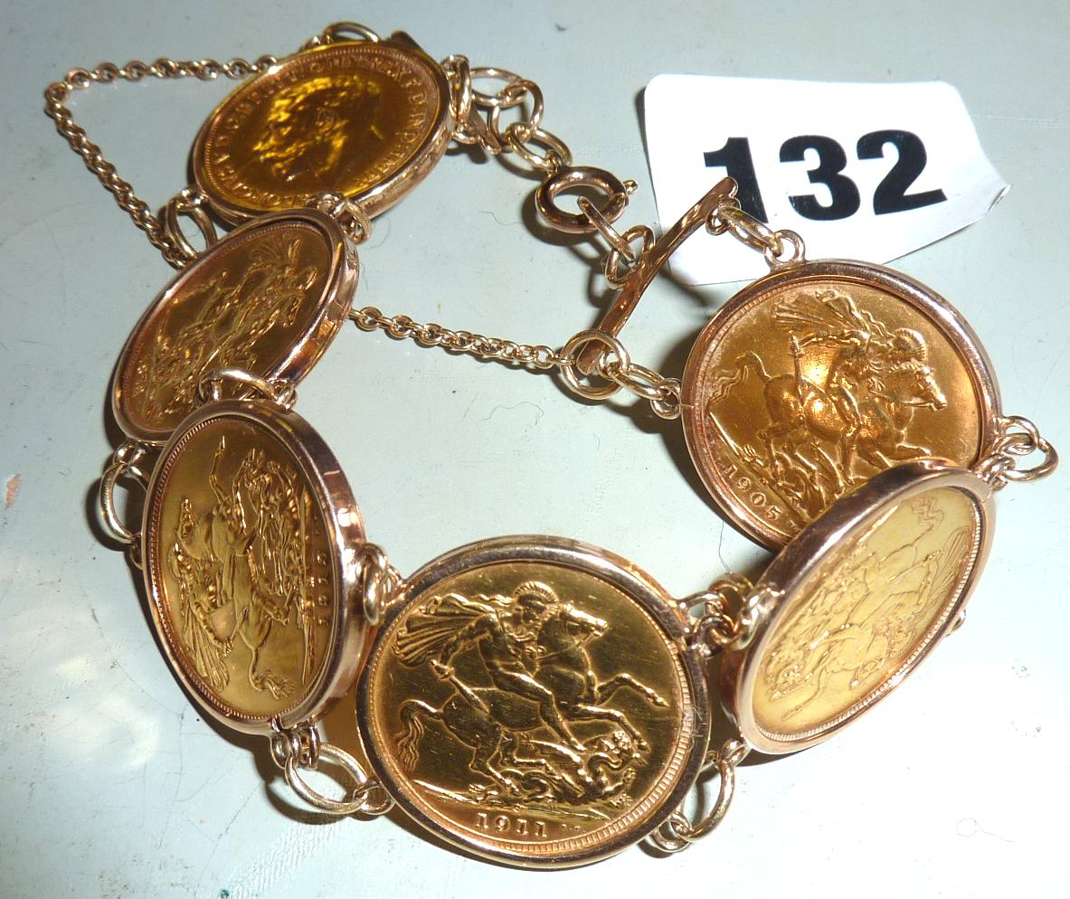 9ct gold bracelet of six mounted sovereigns 1872, 1900, 1905,1911 x 2, 1913