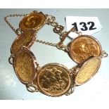 9ct gold bracelet of six mounted sovereigns 1872, 1900, 1905,1911 x 2, 1913