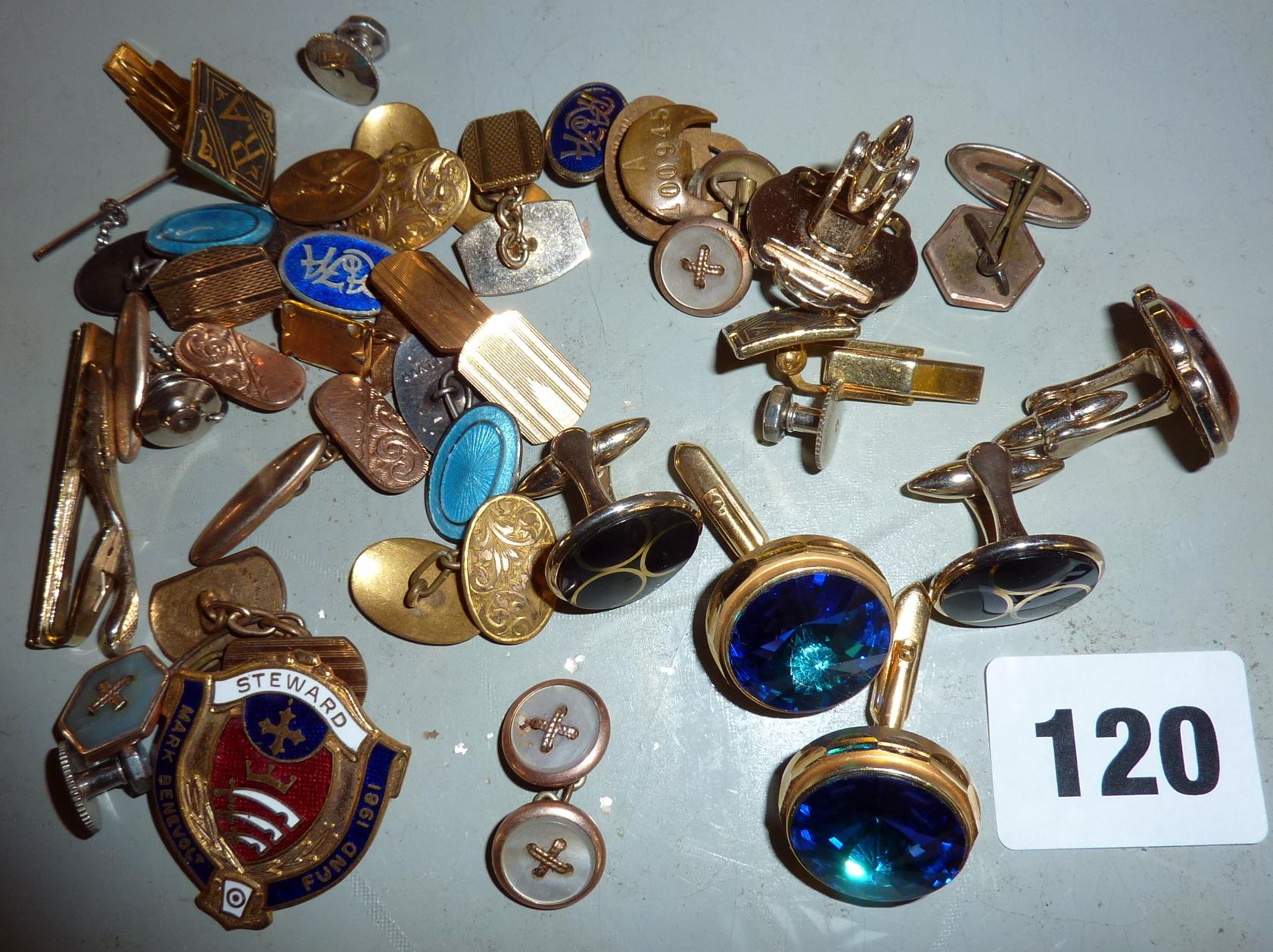 Assorted cufflinks including a silver & enamel set