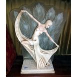 Art Deco lady back-lit table lamp with feathered-pattern glass shade