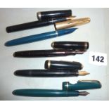 Five various Parker fountain pens, and an Osmiroid similar