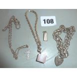 Two silver bracelets, and a silver chain with cross