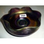 Art Nouveau purple iridescent glass bowl with wavy edge, 5.5" diameter