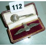 Silver R.A.F. sweetheart brooch, and a silver scalloped-shaped clip