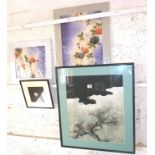 Japanese ink painting on silk of cherry blossom, together with three other silk pictures