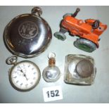 Dinky Toys tractor (No 301), a glass inkwell and a 'Sprint' stopwatch etc