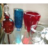 Art glassware:- Ruby Whitefriars "Molar" vase, a kingfisher blue Whitefriars "Bark" vase, a