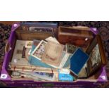 Box of assorted ephemera, old maps, newspapers, Commemorative items, cigarette card album etc