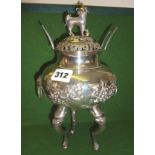 Chinese silver lidded censer on elongated tripod legs & Foo dog finial, marks to base